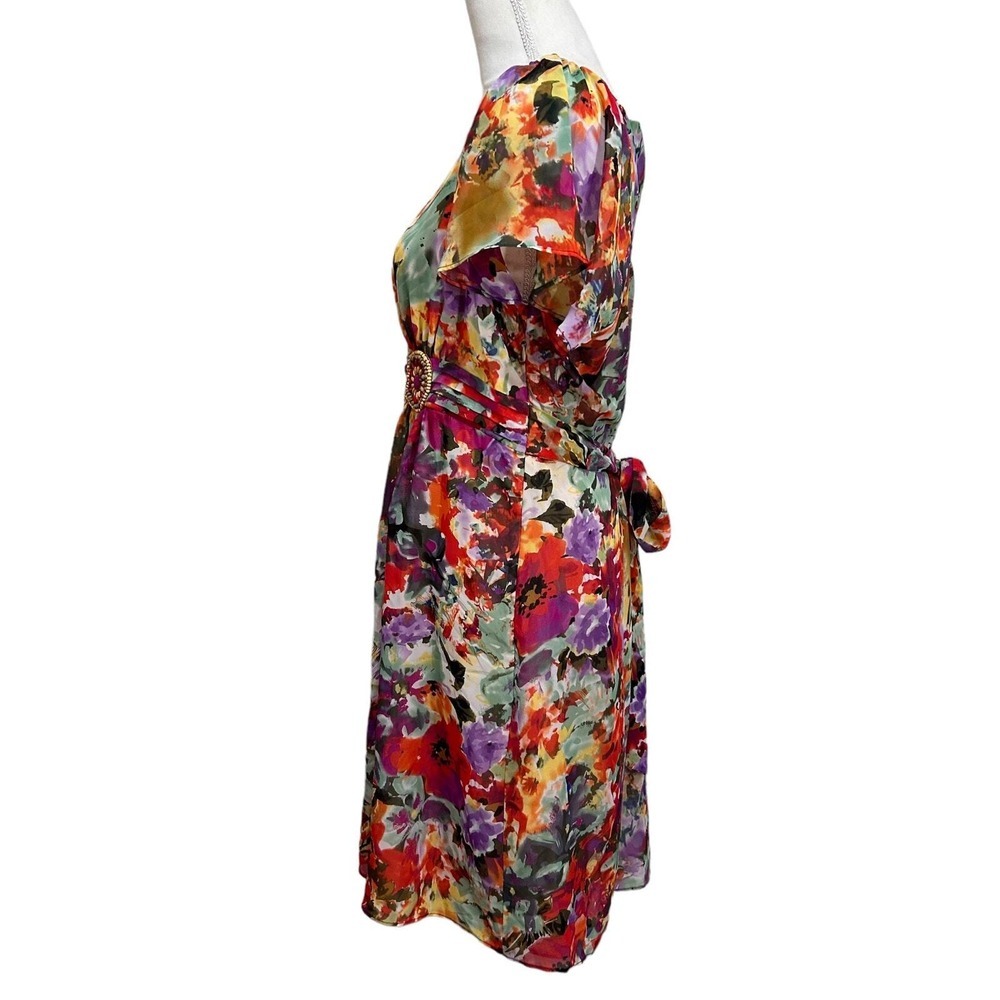 Ice Dress Womens 12 Green Red Floral Beaded Fit & Flare Flutter Side Zipper - Picture 6 of 14